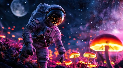 Astronaut exploring a vibrant alien landscape with glowing mushrooms.