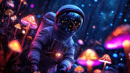 Astronaut exploring a vibrant, glowing mushroom forest in a cosmic setting.
