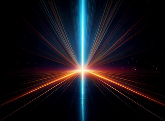 Fototapeta premium A vibrant, cosmic light beam cuts through the dark, radiating outwards with streaks of orange and blue light. The effect evokes a sense of speed and energy.
