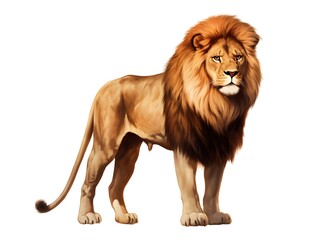 Obraz premium Majestic African Lion: A powerful male African lion, with a magnificent golden mane, stands majestically, showcasing its strength and regal presence.