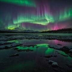 A mesmerizing aurora display reflected in a still lake.


