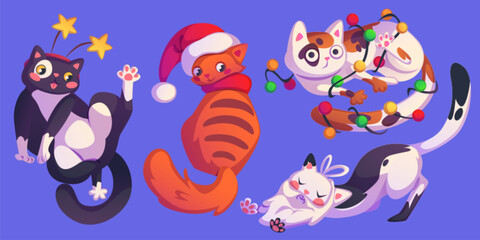 Christmas cats set with playful holiday characters. Cartoon pets - black kitten with stars on head, ginger pet in Santa hat, white spotted feline tangled in garland, stretching kitty with beard.