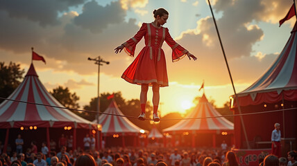 Vintage tightrope walker balancing at sunset, circus performance thrill