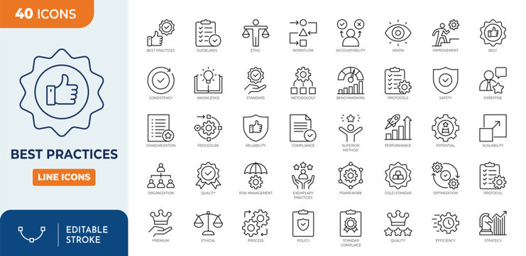 Best practices icon set. Containing workflow, guidelines, performance, standards, protocols, procedures, methodology, and more. Outline Icon Collection. Editable stroke. Vector illustration