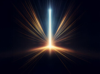 Fototapeta premium A bright beam of light, radiating outwards in a starburst pattern, emanates from a central point, creating a dynamic and energetic scene. The colors are primarily warm golds and oranges, with a cool 