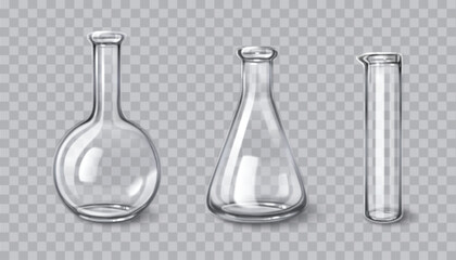 Chemistry laboratory 3d glassware - round bottom flask, conical beaker, cylindrical test tube on transparent background. Empty scientific vessels for chemical experiments. Research equipment mockup.