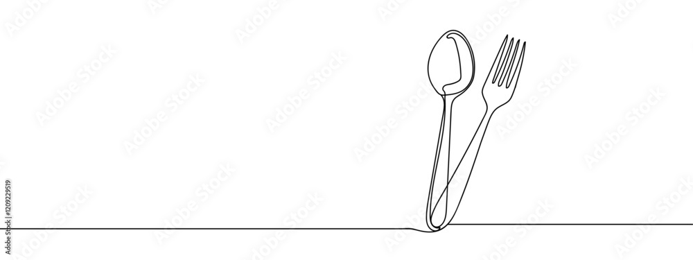 Wall mural one continuous line, spoon and fork, dining table line art vector illustration with transparent back