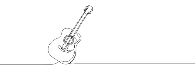 single continuous line acoustic guitar, music line art vector illustration with transparent background editable stroke.