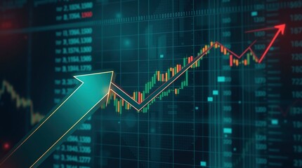 stock market chart, upward trend, financial data, glowing arrows, digital display, candlestick graph, turquoise and orange color scheme, futuristic, data visualization, investment growth, business 