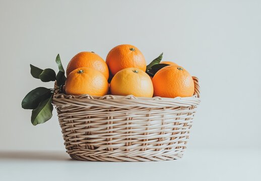 Ripe oranges and lemon in a wicker basket.