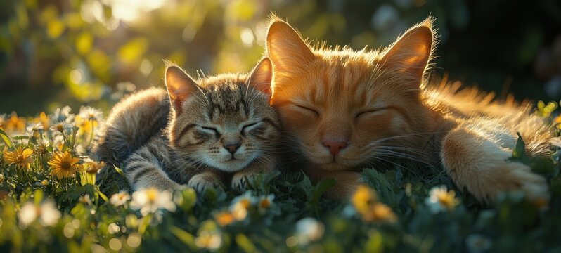 Cute dog and cat resting together on green grass in nature during golden hour with warm tones and gentle shadows - Powered by Adobe