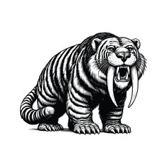 sabertooth tiger illustration. black and white smilodon vector line illustration, extinct animals