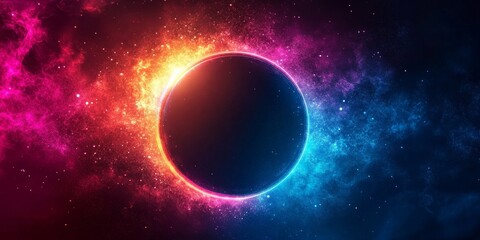 Obraz premium Blue magenta glowing circle on dark grainy background, vibrant gradient header design, Generative AI