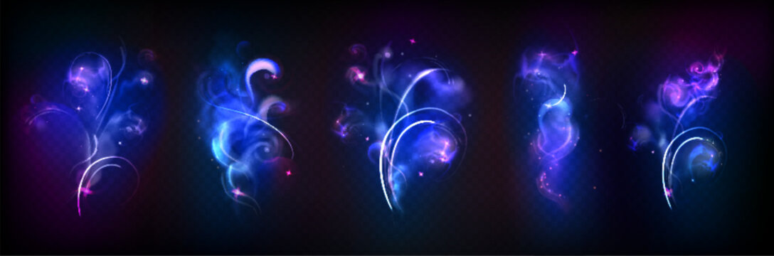 Magic wand glowing trails set with ethereal blue swirls, luminous streaks, shimmering violet sparkles and mystical neon curves on dark background. Enchanted spell casting elements for fantasy design.