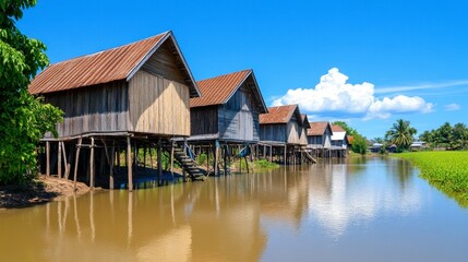Fototapeta premium Traditional Wooden Houses on Stilts by Serene Waterway in Nature