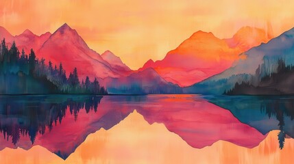 Fototapeta premium Serene Sunset Reflection: Mountains Mirrored in a Calm Lake at Golden Hour