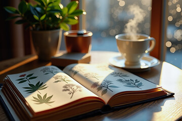 Naklejka premium Cozy reading of botanical book with coffee and plant, warm ambiance