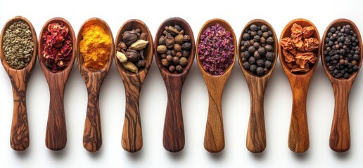 Vibrant Still Life of Various Spices in Wooden Spoons Colorful Arrangement on White Background Culinary Art