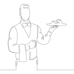 Male waiter with a tray of food drinks at work in a cafe restaurant. One continuous drawing line, logo single hand drawn art doodle isolated minimal illustration.