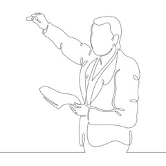 Scientist professor teacher stands writes on the student board. One continuous drawing line, logo single hand drawn art doodle isolated minimal illustration.