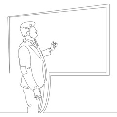 Scientist professor teacher stands writes on the student board. One continuous drawing line, logo single hand drawn art doodle isolated minimal illustration.