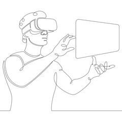 Young man the guy plays, works in virtual reality glasses. One continuous drawing line, logo single hand drawn art doodle isolated minimal illustration.