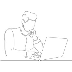 Young male designer student manager works at the laptop. One continuous drawing line, logo single...