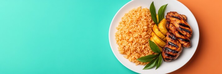 Experience the vibrant flavors of Jollof rice with grilled chicken and plantains in a colorful culinary display
