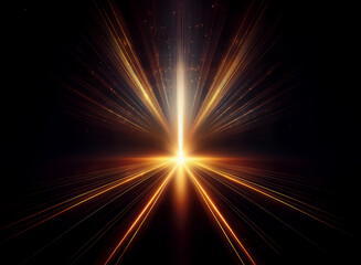 Fototapeta premium A radiant, golden light bursts forth from a dark, central point, creating a mesmerizing, symmetrical effect with streaking rays of light. The intense glow emanates outwards, suggesting speed and ener