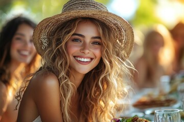 Friends enjoying BBQ dinner party outdoors in the garden with wine and grilled meat