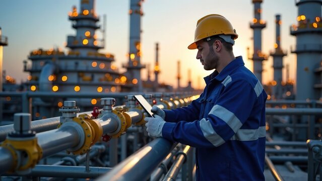  Professional factory worker walking and d with a tablet on Industrial background. Male expert looking the refinery premises or gas pipeline. Heavy Industry Engineer Wearing Safety Uniform