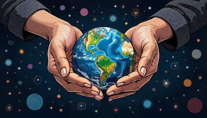 Hands holding the Earth against a cosmic background