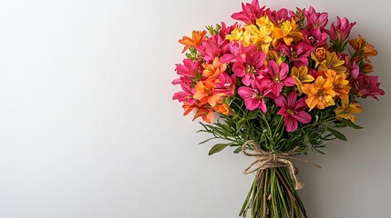 Obraz premium A vibrant bouquet of pink, orange, and yellow flowers tied with twine against a neutral background, symbolizing beauty and freshness.