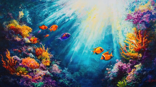 A vibrant underwater scene showing a variety of tropical fish darting among colorful coral, with sun rays filtering through the water.