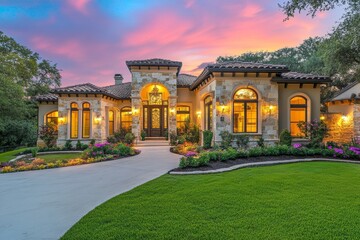Obraz premium Luxurious Mediterranean-style house at sunset.