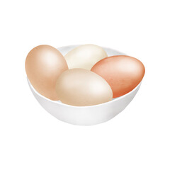 Chicken eggs lie in a porcelain bowl. Watercolor digital illustration. Glass white cup with eggs isolated on white background. Kitchen, cooking and baking theme