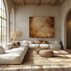 Minimalist living room with large abstract art, white sofa, grunge coffee table, arched windows, hardwood floor, modern decor