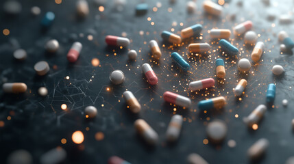 Assorted pills and tablets scattered on a dark surface.