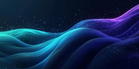 Blue green glowing gradient wave on black grainy background, copy space, Generative AI
