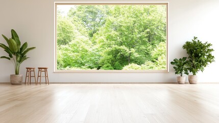 Serene room, large window, lush green forest view, minimalist interior design, home decor