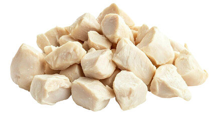 Fresh chicken cubes isolated on a transparent background, perfect for food photography or cooking. Ideal for recipes, healthy meals, or meal prep showcasing high-protein, organic ingredients.