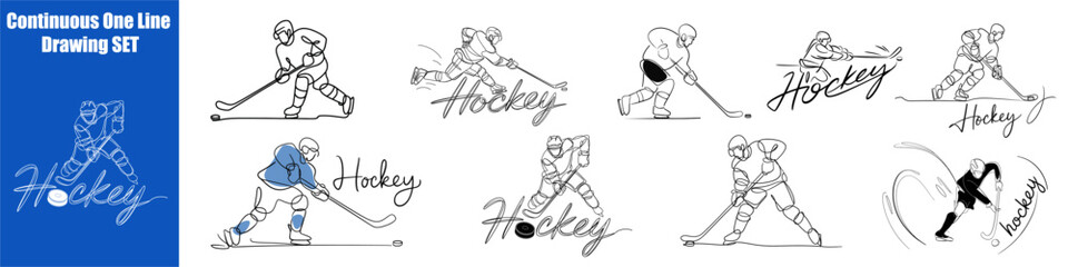 Hokey sports set Continuous One Line Drawing Vector Art 