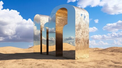 Reflective Arch Structures in Desert Landscape Under Blue Sky