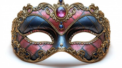 An ornate masquerade mask featuring intricate designs, vibrant colors, and decorative jewels, perfect for festive occasions.