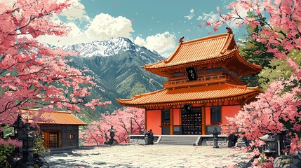 Obraz premium A serene landscape featuring a vibrant temple surrounded by cherry blossoms and snow-capped mountains under a clear sky.