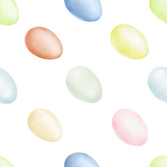 Delicate Easter eggs in pastel colors, on a seamless pattern. Watercolor digital illustration. Pink, blue, green and yellow eggs isolated on a white background. Spring and Easter theme,