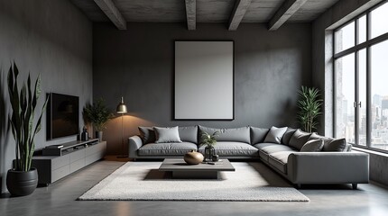 Industrial dark style interior design, 3D rendering