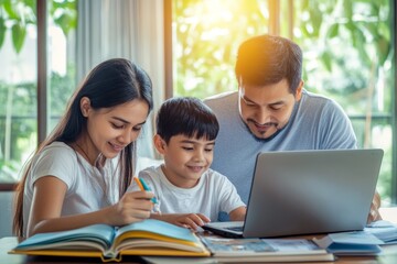 Obraz premium A family is gathered around a laptop and books, enjoying a productive morning together. They are smiling and actively participating in their educational activities