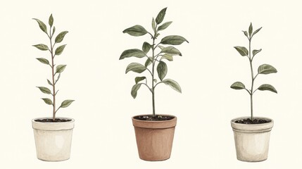 Obraz premium Three potted plants, varying sizes and growth stages, illustrated.