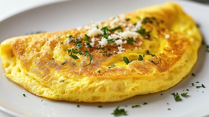 Delicious omelette cooked to perfection served on a white plate